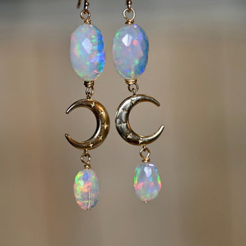 Crescent Moon Opals - 14K Solid Gold Earrings - OpalOra Jewelry