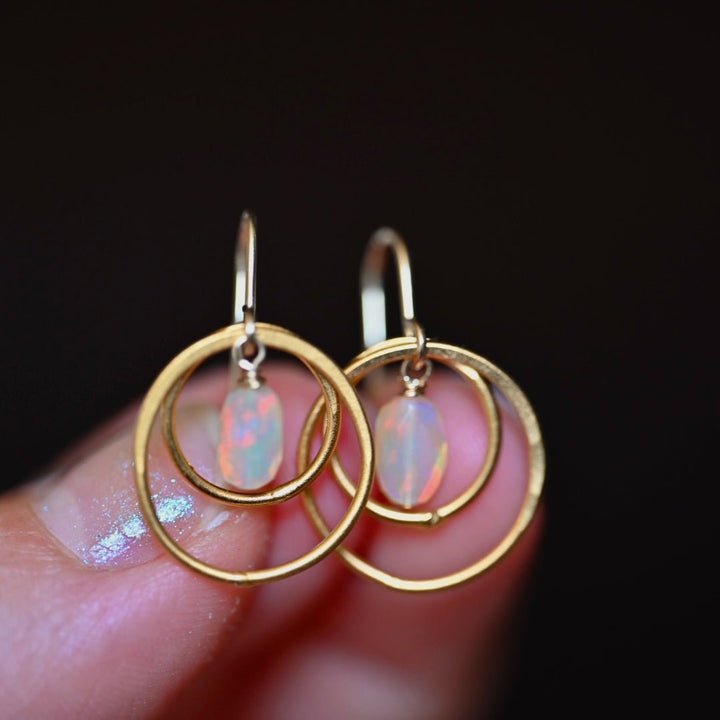 Dainty Golden Hoops Opal Earrings with Red Flash - OpalOra Jewelry