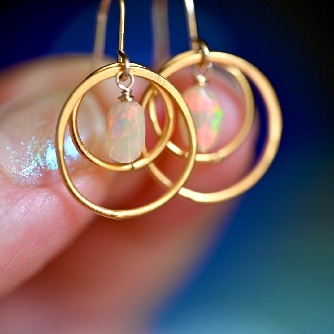 Dainty Golden Hoops Opal Earrings with Red Flash - OpalOra Jewelry