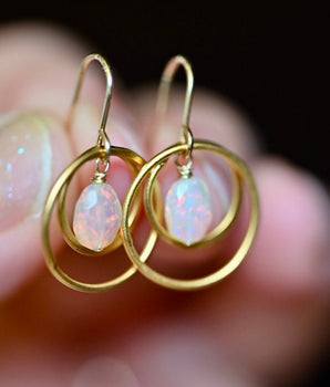 Dainty Golden Hoops - Opal with Red Pinfire Earrings - OpalOra Jewelry