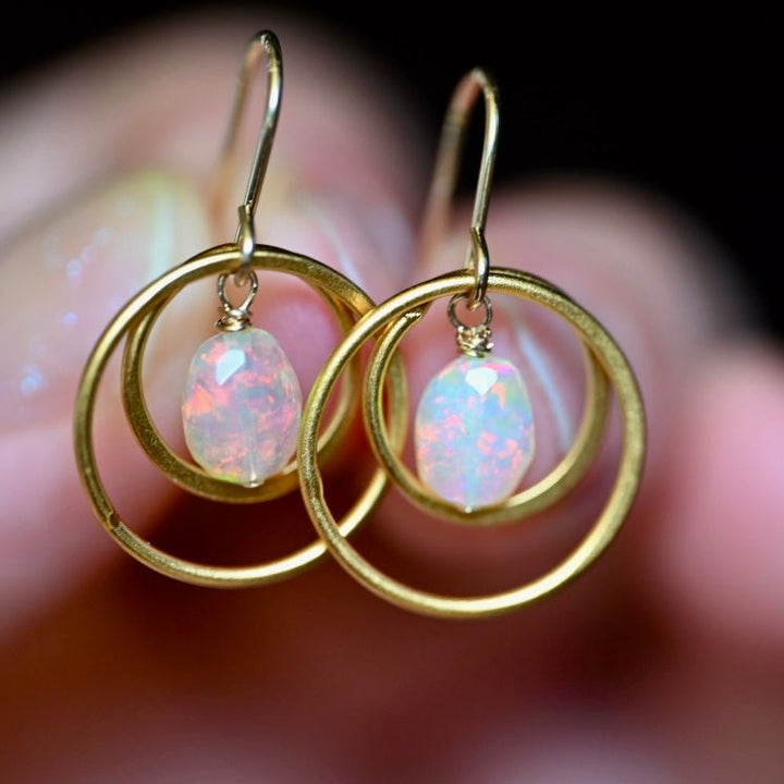 Dainty Golden Hoops - Opal with Red Pinfire Earrings - OpalOra Jewelry