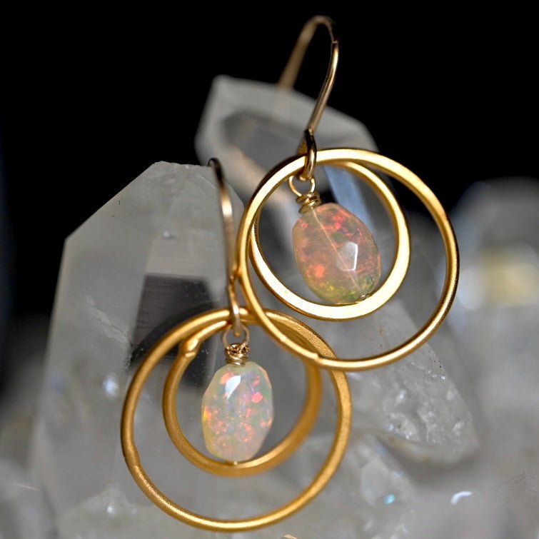 Dainty Golden Hoops - Opal with Red Pinfire Earrings - OpalOra Jewelry