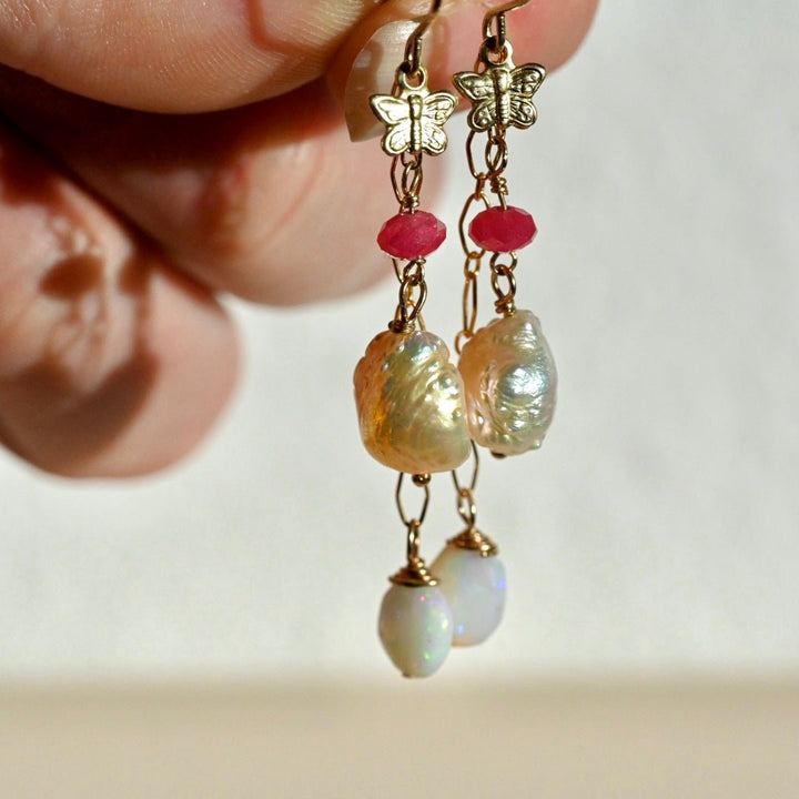 Dainty Pink Dangle Earrings - 14K Gold Fill - Opals, Thulite and Pearls - OpalOra Jewelry