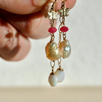 Dainty Pink Dangle Earrings - 14K Gold Fill - Opals, Thulite and Pearls - OpalOra Jewelry