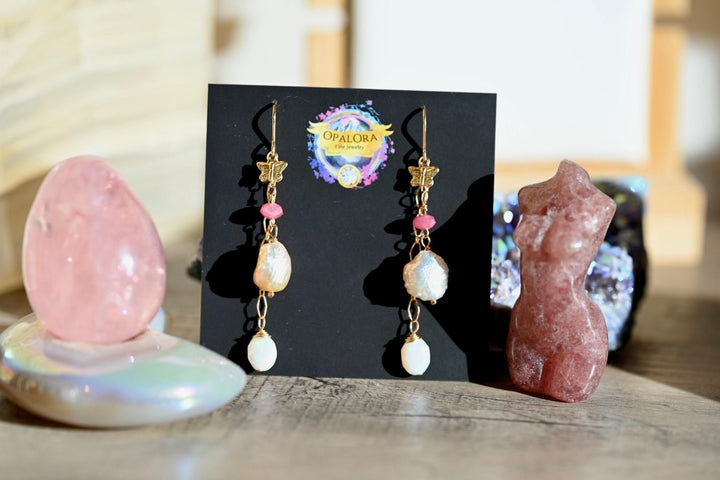 Dainty Pink Dangle Earrings - 14K Gold Fill - Opals, Thulite and Pearls - OpalOra Jewelry