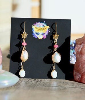 Dainty Pink Dangle Earrings - 14K Gold Fill - Opals, Thulite and Pearls - OpalOra Jewelry