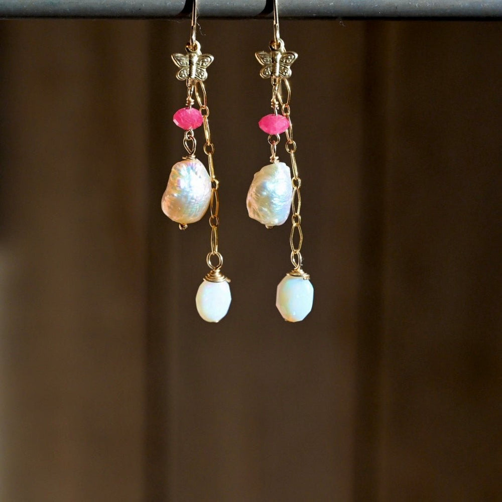 Dainty Pink Dangle Earrings - 14K Gold Fill - Opals, Thulite and Pearls - OpalOra Jewelry
