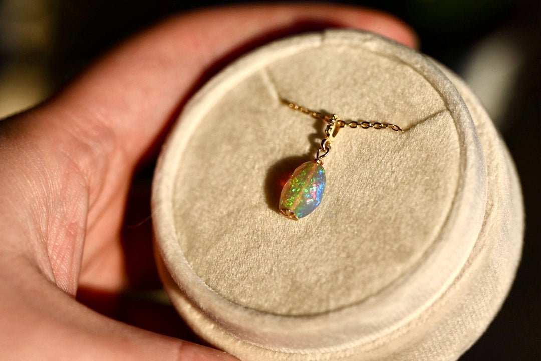 Dark Pinfire Opal with Diamonds - 14K Solid Gold - OpalOra Jewelry