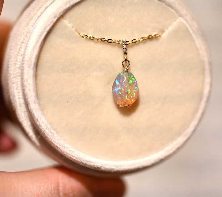 Dark Pinfire Opal with Diamonds - 14K Solid Gold - OpalOra Jewelry