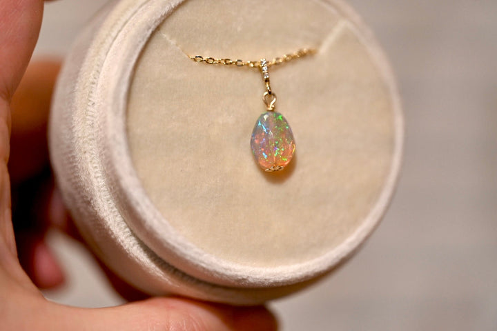 Dark Pinfire Opal with Diamonds - 14K Solid Gold - OpalOra Jewelry