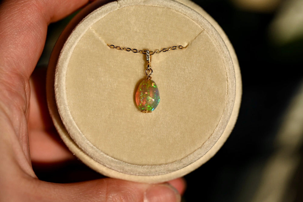 Dark Pinfire Opal with Diamonds - 14K Solid Gold - OpalOra Jewelry