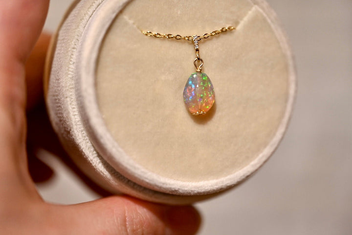 Dark Pinfire Opal with Diamonds - 14K Solid Gold - OpalOra Jewelry