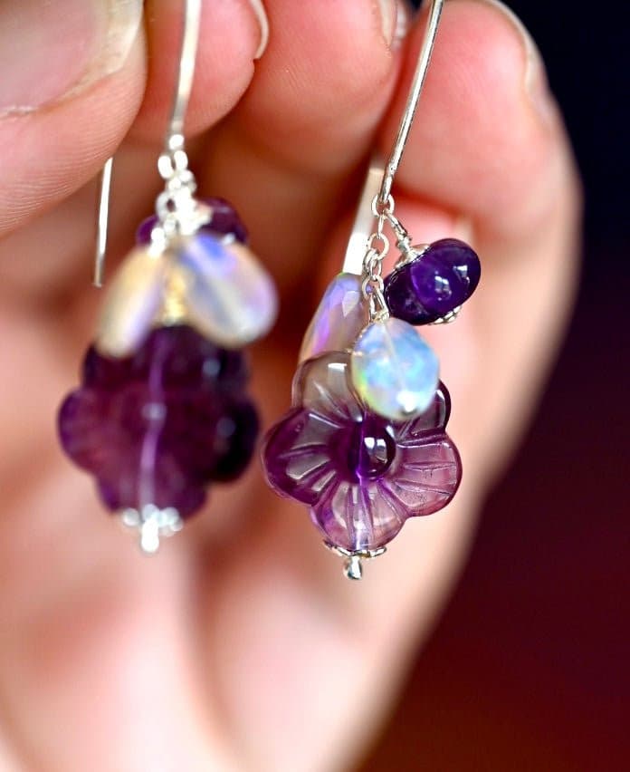 Dark Purple Fluorite Flower Earrings - OpalOra Jewelry