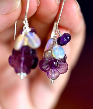 Dark Purple Fluorite Flower Earrings - OpalOra Jewelry