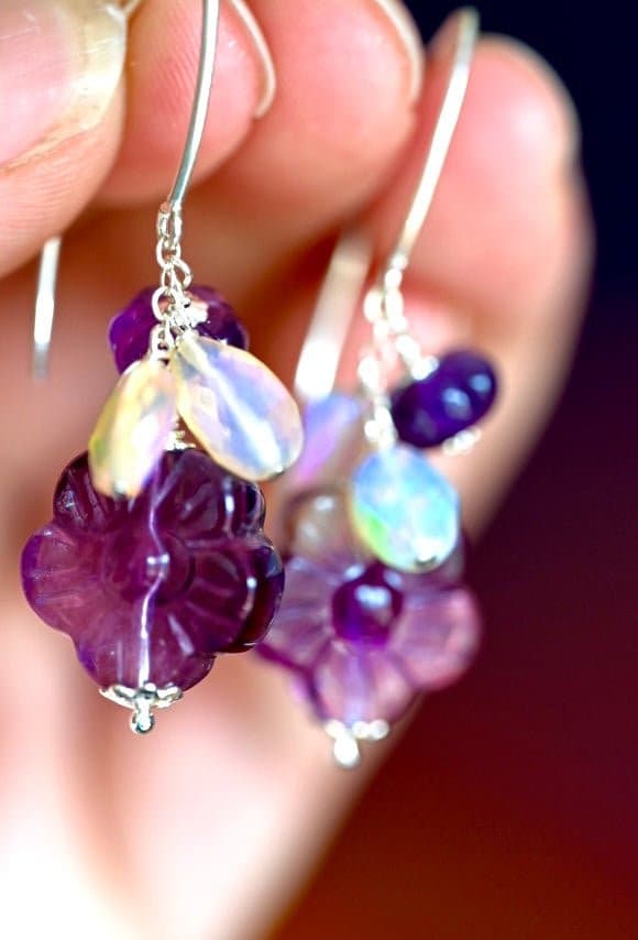 Dark Purple Fluorite Flower Earrings - OpalOra Jewelry