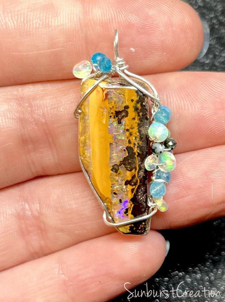 Electric Sky Wire Wrapped Australian Boulder Opal - OpalOra Jewelry