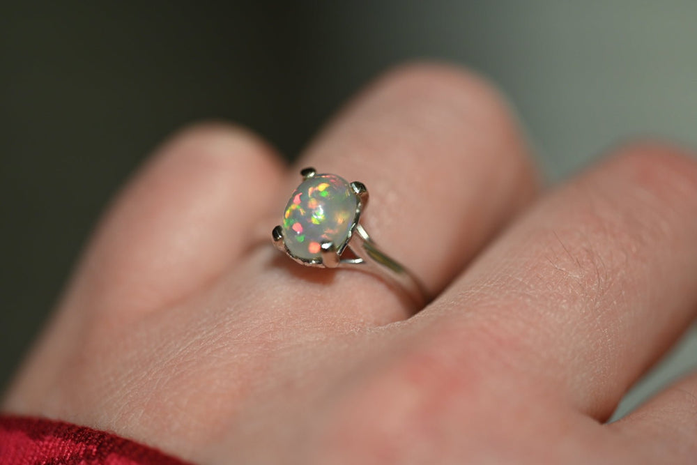 Floral Opal Ring in 14K White Gold - OpalOra Jewelry