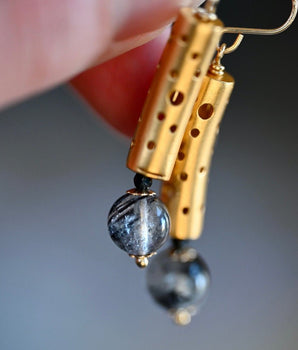 Golden Drop Black Rutilated Quartz Modern Earrings - OpalOra Jewelry
