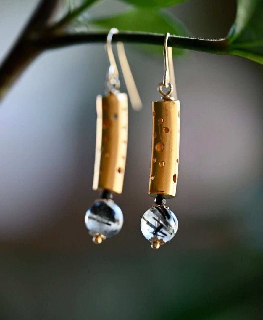 Golden Drop Black Rutilated Quartz Modern Earrings - OpalOra Jewelry