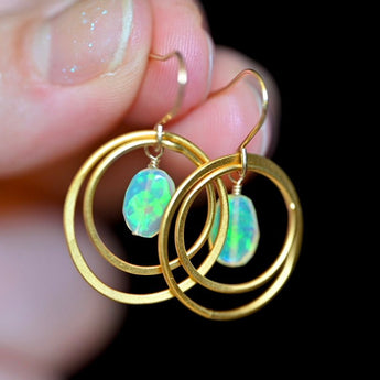 Golden Hoops Opal Dangle Earrings Green Hue - OpalOra Jewelry