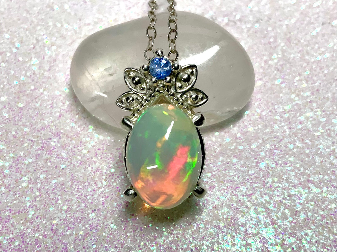 Peacock Blue Opal and Sapphire Pendant.