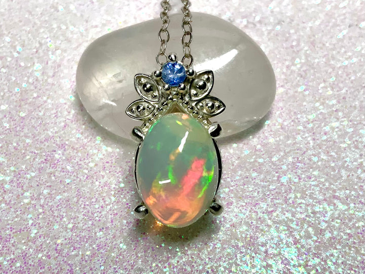 Peacock Blue Opal and Sapphire Pendant.