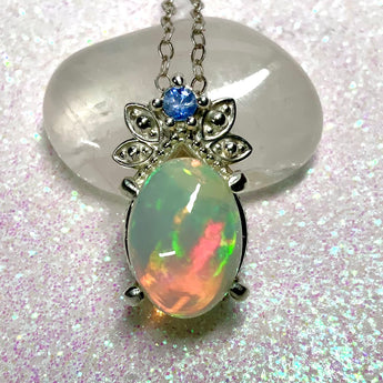 Peacock Blue Opal and Sapphire Pendant.