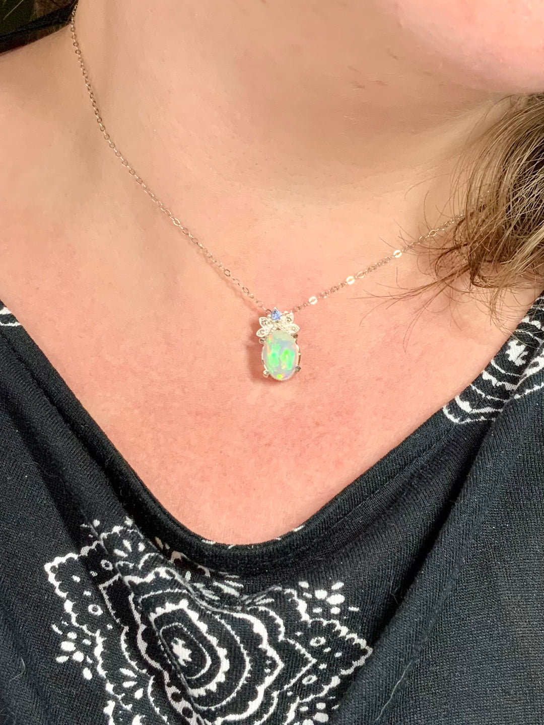 Peacock Blue Opal and Sapphire Pendant.