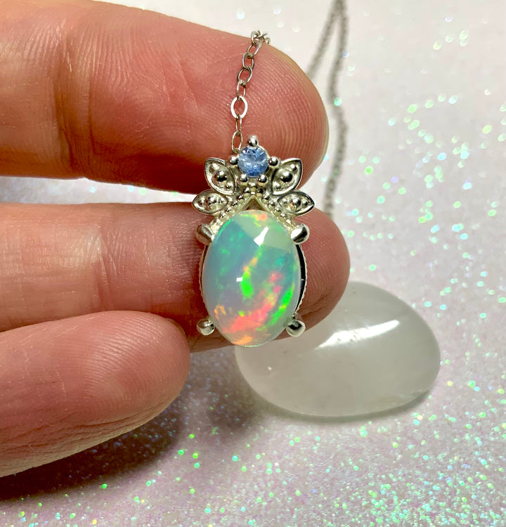 Peacock Blue Opal and Sapphire Pendant.