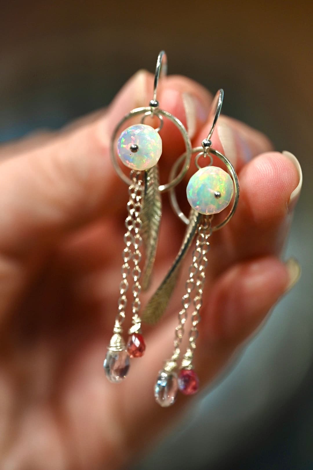 Feathery Opal Droplet Earrings.