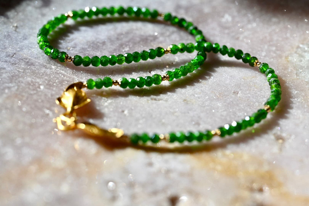 Wild and Green Gold Leaf Chrome Diopside Necklace.