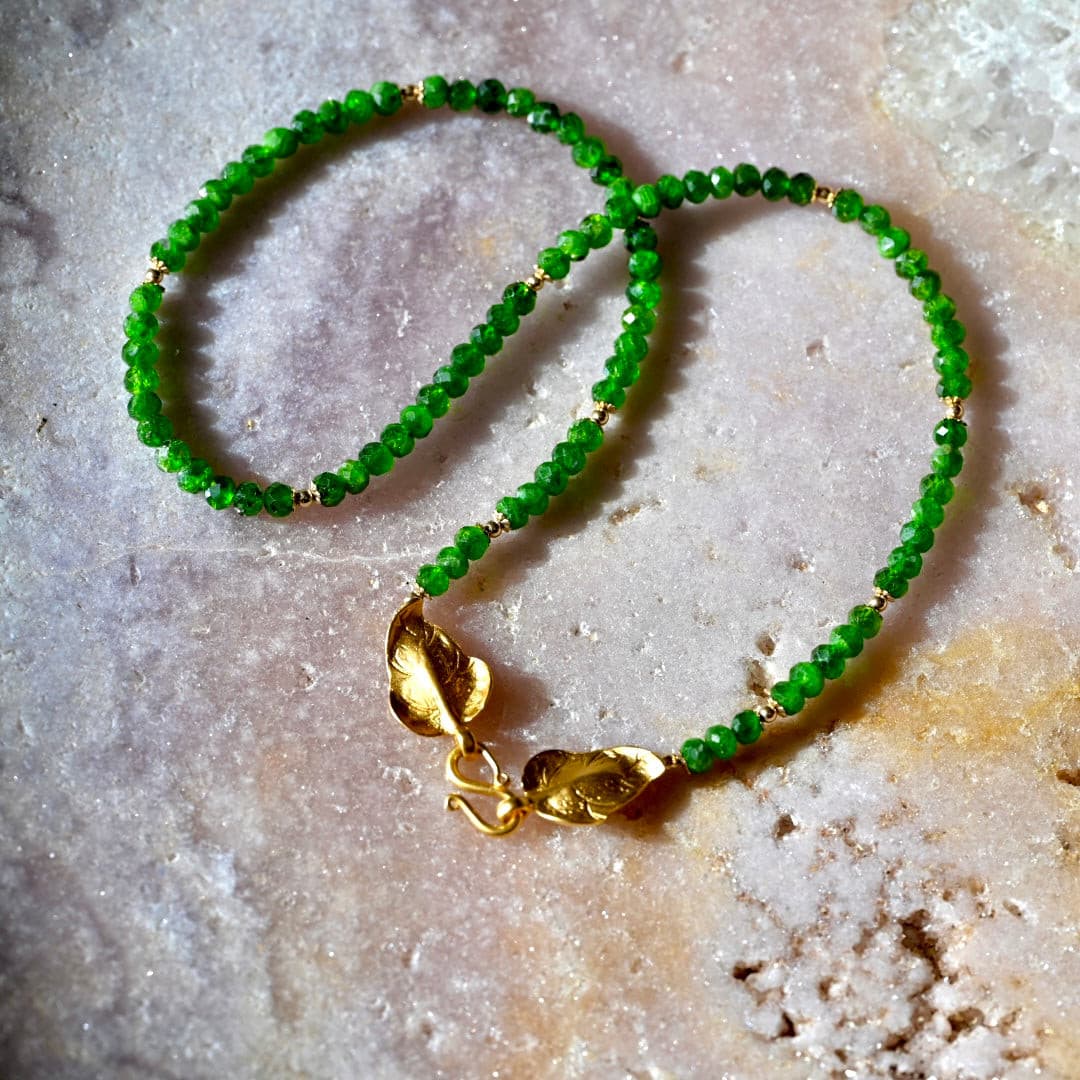 Wild and Green Gold Leaf Chrome Diopside Necklace.
