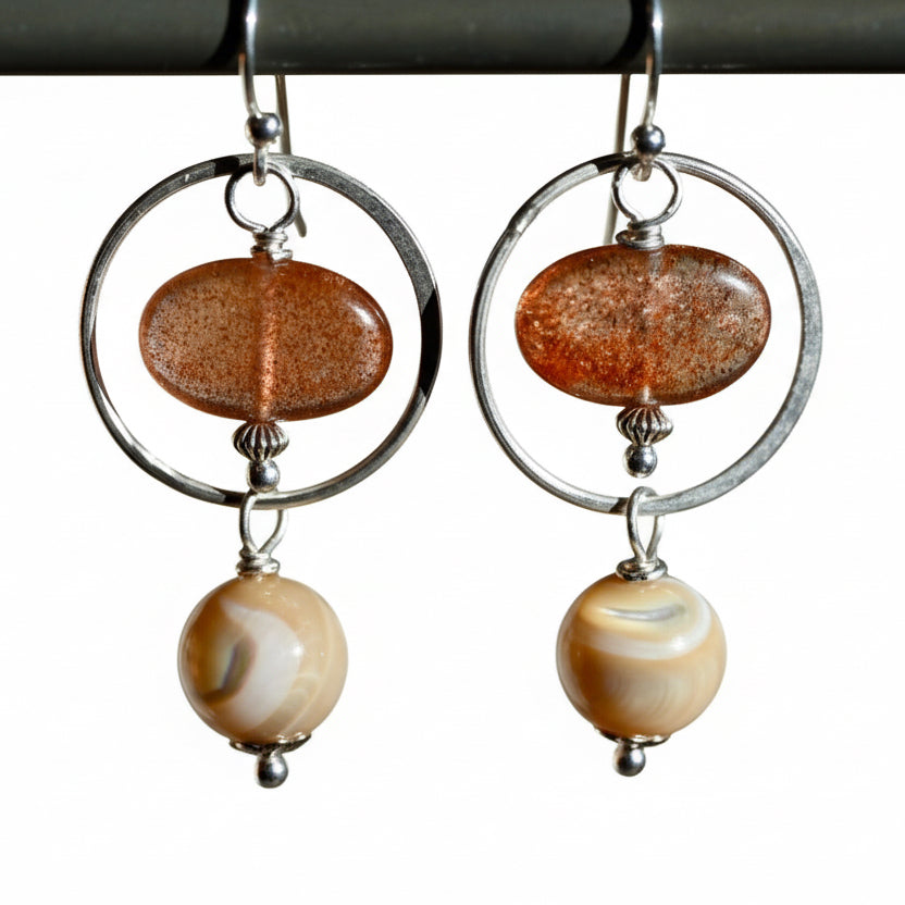 Large Sunstone and Mother of Pearl Earrings - Sterling Silver - OpalOra Jewelry