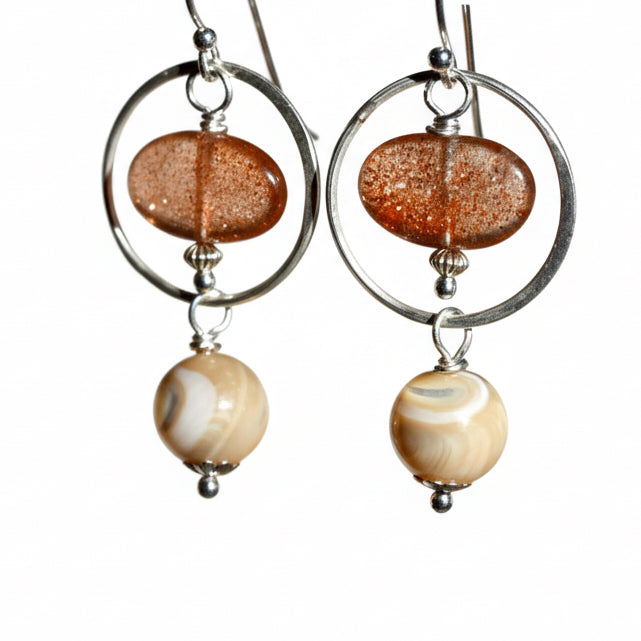 Large Sunstone and Mother of Pearl Earrings - Sterling Silver - OpalOra Jewelry