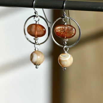 Large Sunstone and Mother of Pearl Earrings - Sterling Silver - OpalOra Jewelry