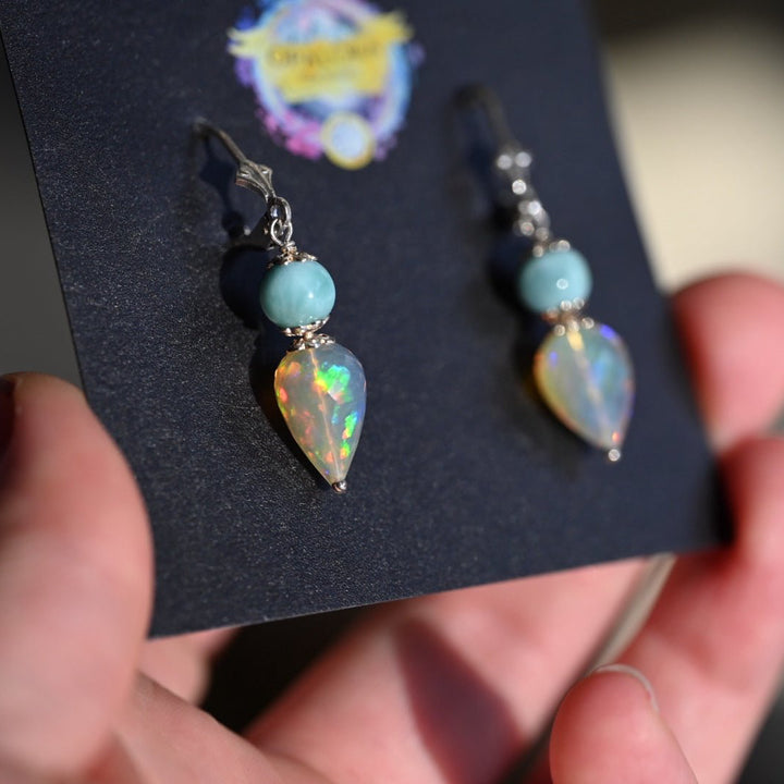 Larimar and Opal Earrings - Sterling Silver - OpalOra Jewelry
