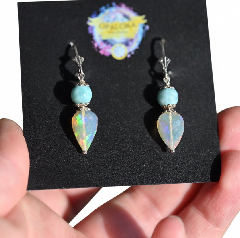 Larimar and Opal Earrings - Sterling Silver - OpalOra Jewelry