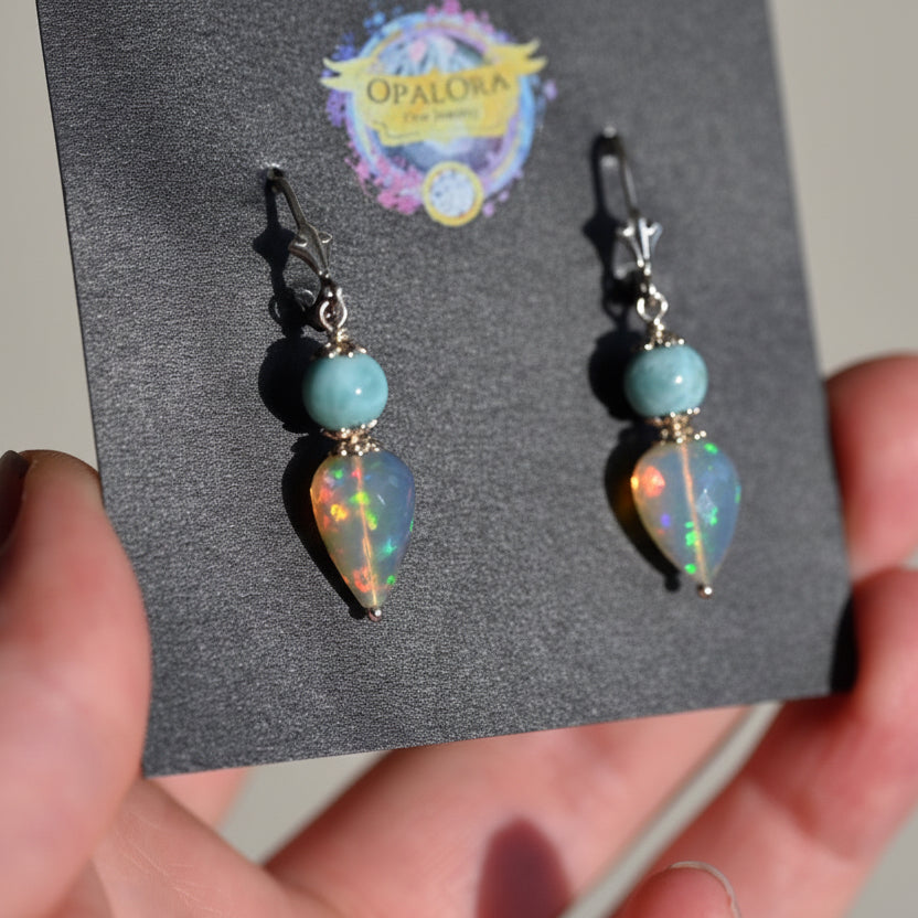 Larimar and Opal Earrings - Sterling Silver - OpalOra Jewelry