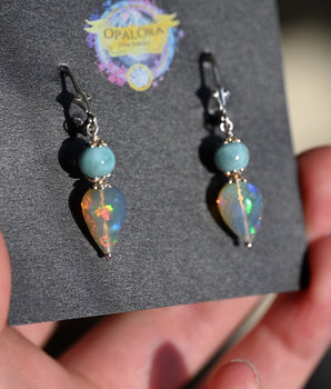 Larimar and Opal Earrings - Sterling Silver - OpalOra Jewelry