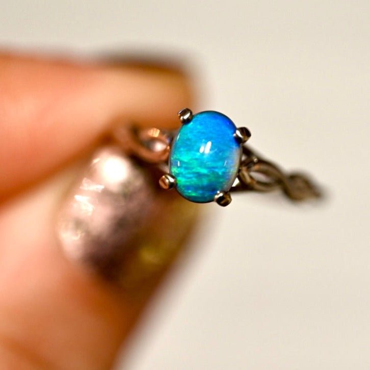 Lightning Ridge Black Opal Ring in 14K White Gold - OpalOra Jewelry