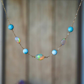 Ocean Sway Opal and Larimar Necklace In 14K Gold - OpalOra Jewelry