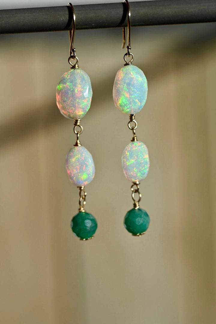 Opal and Emerald Earrings - 14K Solid Gold Earrings - OpalOra Jewelry