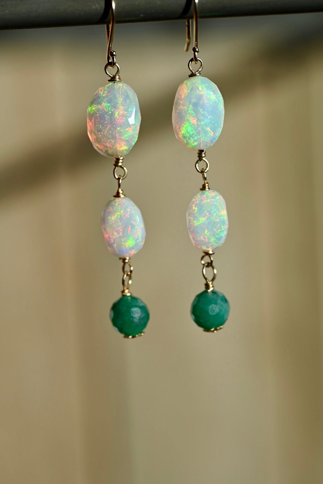 Opal and Emerald Earrings - 14K Solid Gold Earrings - OpalOra Jewelry