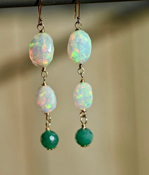 Opal and Emerald Earrings - 14K Solid Gold Earrings - OpalOra Jewelry