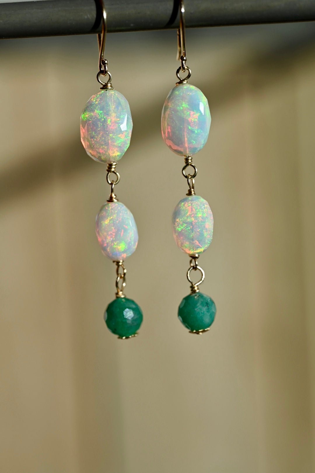 Opal and Emerald Earrings - 14K Solid Gold Earrings - OpalOra Jewelry