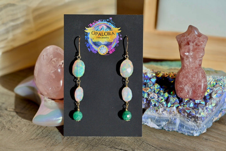Opal and Emerald Earrings - 14K Solid Gold Earrings - OpalOra Jewelry