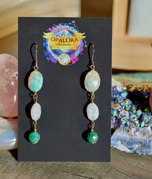 Opal and Emerald Earrings - 14K Solid Gold Earrings - OpalOra Jewelry