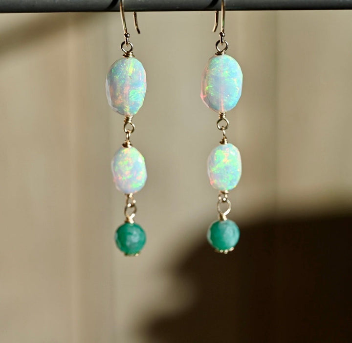 Opal and Emerald Earrings - 14K Solid Gold Earrings - OpalOra Jewelry