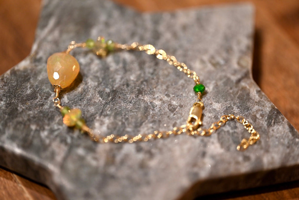 Peach Opal with Peridot and Chrome Diopside Bracelet - OpalOra Jewelry