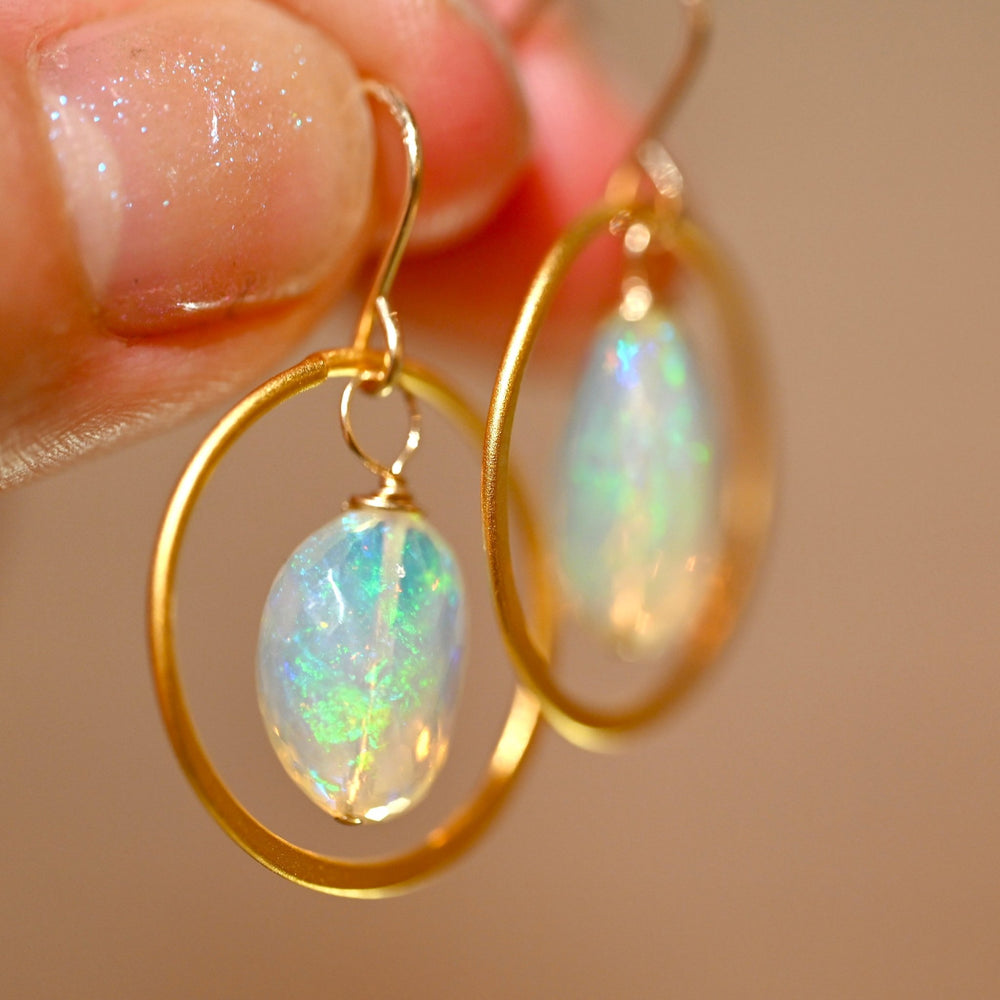 Pinfire Golden Hoop Opal Drop Earrings - OpalOra Jewelry